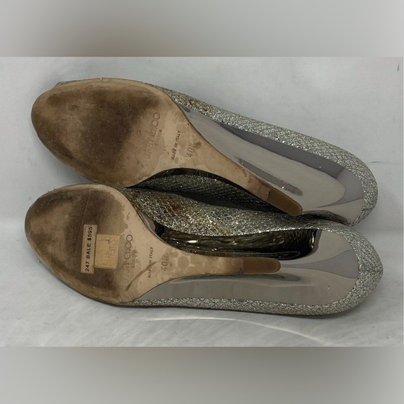 JIMMY CHOO Metallic Champagne Glitter Baxen Peep Toe Wedge DESIGNER Shoes 40.5 - Picture 3 of 7